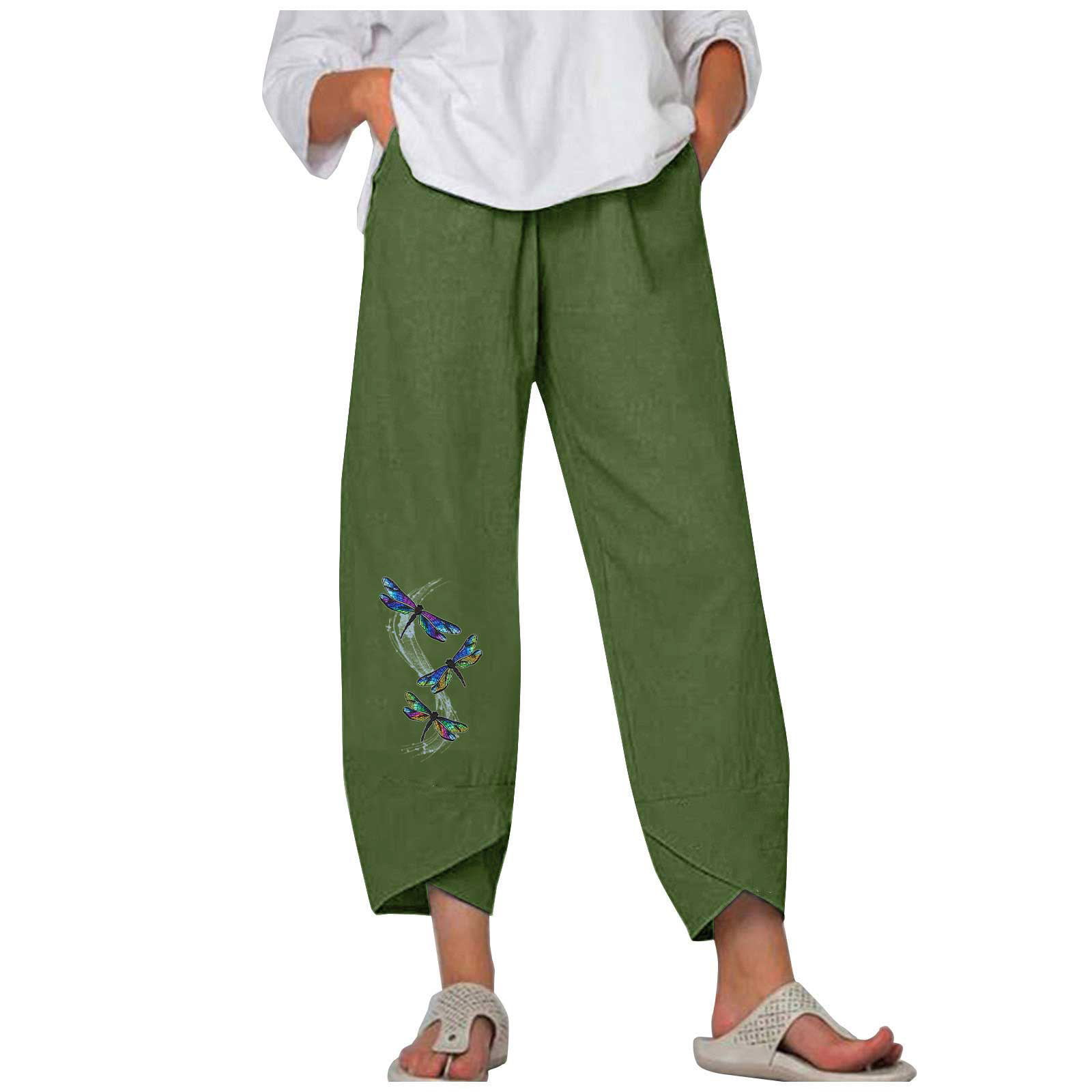 fartey Women's Cotton Linen Trousers Butterfly Print Pockets Casual ...
