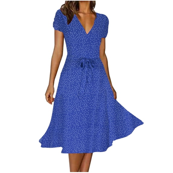 fartey Women's Deep V Neck Beach Dress Casual Polka Dot Print Maxi Dresses With Bow Tie Short Sleeve Sundresses Trendy Summer 2024 Vacation Dresses