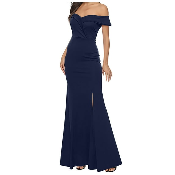 fartey Women's Off the Shoulder Maxi Dress Slim Fit Short Sleeve Bodycon Dresses Sexy Side Slit Hem Long Sundress Elegant Evening Party Wedding Dress
