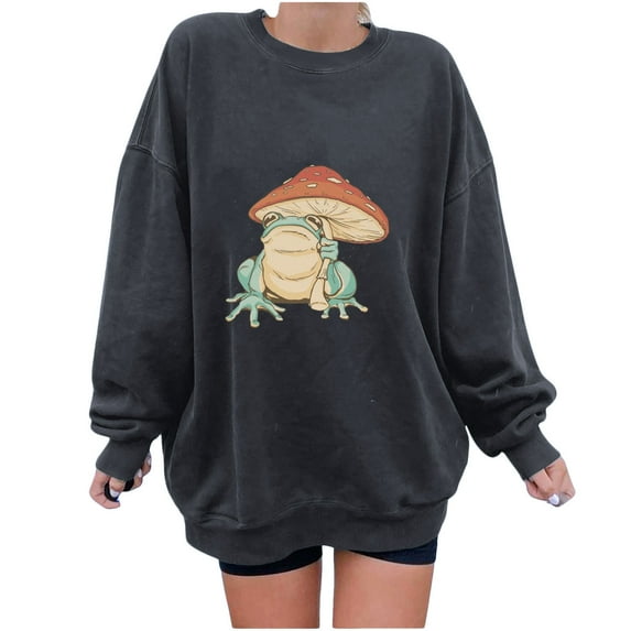 fartey Women's Oversized Sweatshirt Cute Funny Mushroom Print Pullover Tees Casual Fleece Lined Crewneck Tee Shirts Warm Loose Long Sleeved Winter Sweatshirts T-Shirt