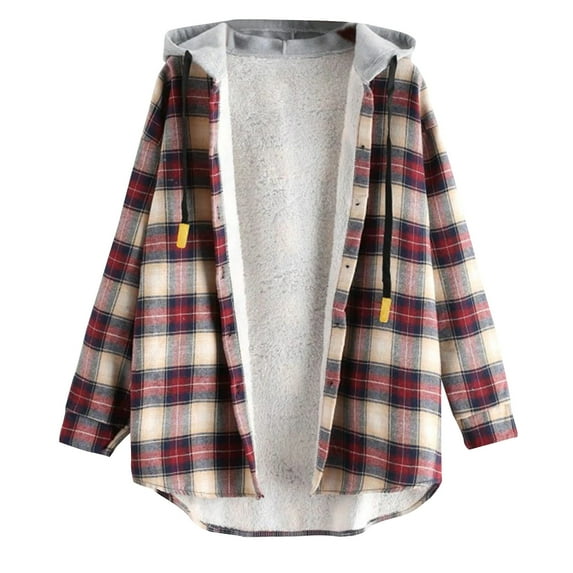 fartey Women's Plaid Fleece Lined Hooded Jacket Button Up Oversized Fuzzy Coat Checkered Flannel Hoodie Jacket