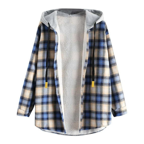 fartey Women's Plaid Fleece Lined Hooded Jacket Button Up Oversized Fuzzy Coat Checkered Flannel Hoodie Jacket