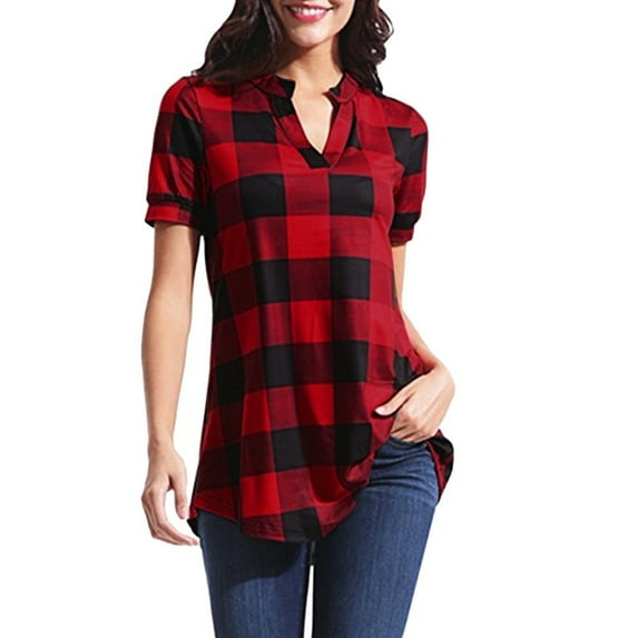 fartey Women's Slit V Neck Blouses Plus Size Casual Summer Buffalo Plaid Print Tshirts Loose Fit Short Sleeve Flowy Shirts, S-5XL