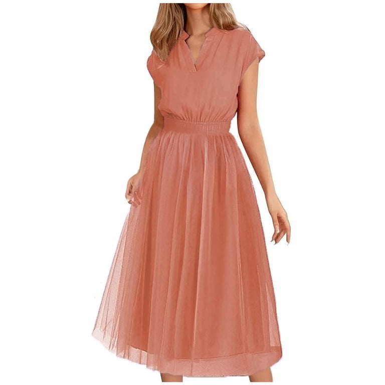 fartey Women's Split V Neck Maxi Dress Trendy Mesh Hem Flowy Dresses Tunic  Comfy Cap Sleeves Sundresses Elegant Solid Color Wedding Guest Party Gown  Bridesmaid Dress - Walmart.com