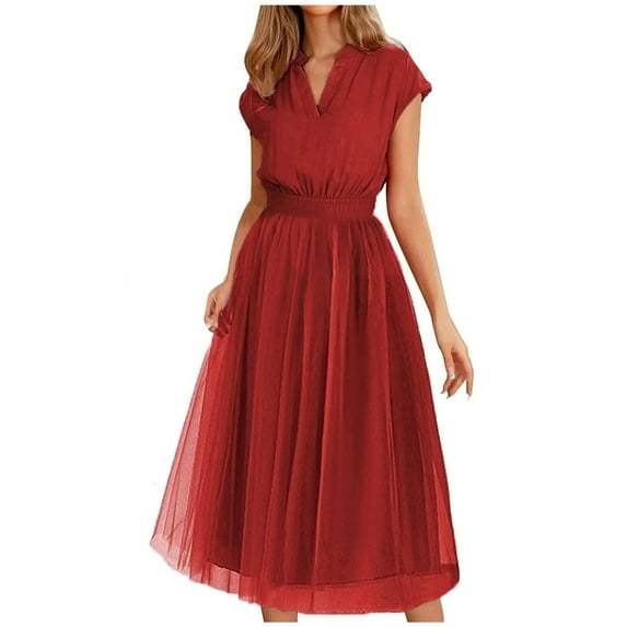 fartey Women's Split V Neck Maxi Dress Trendy Mesh Hem Flowy Dresses Tunic Comfy Cap Sleeves Sundresses Elegant Solid Color Wedding Guest Party Gown Bridesmaid Dress