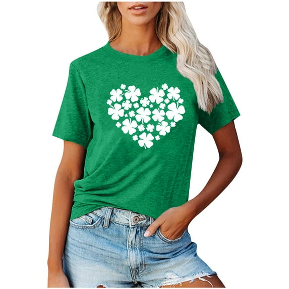 fartey Women's St. Patrick's Day T Shirt Lucky St Patty's Day Tops Cute Heart Shamrock Print T-shirts Loose Cozy Crewneck Short Sleeve Tee for Gift Green