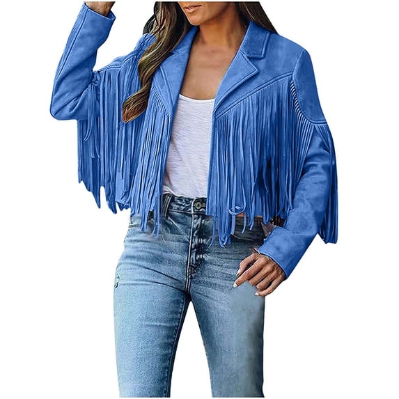 fartey Women's Vintage Faux Suede Tassel Jacket Long Sleeve Fringe Cropped Jackets Lounge Lapel Open Front Motorcycle Jacket Stylish Hippie Motorcycle Biker Coats Top
