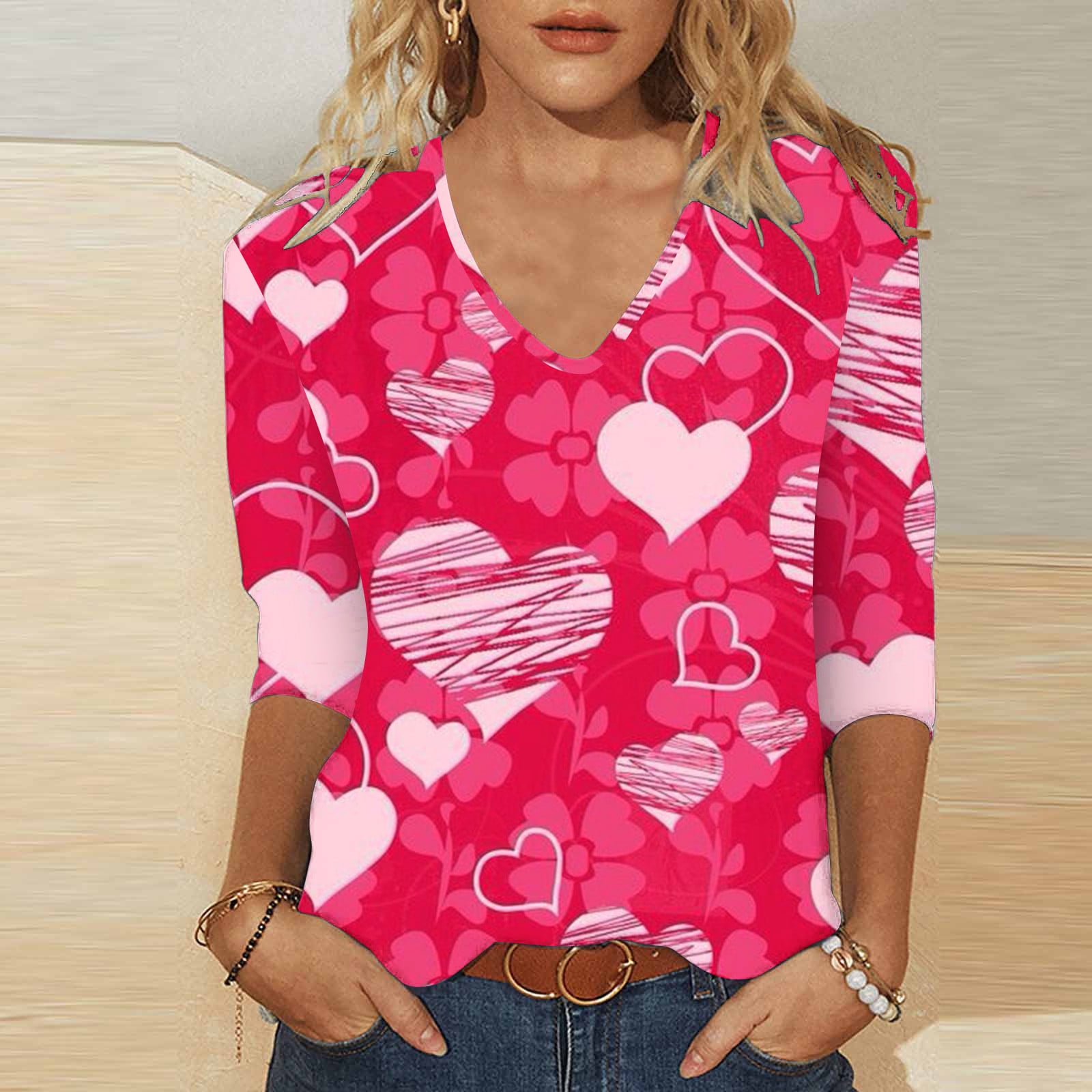 fartey Womens 2024 Valentine's Day Pink Top Romantic Cute 3/4 Sleeve ...