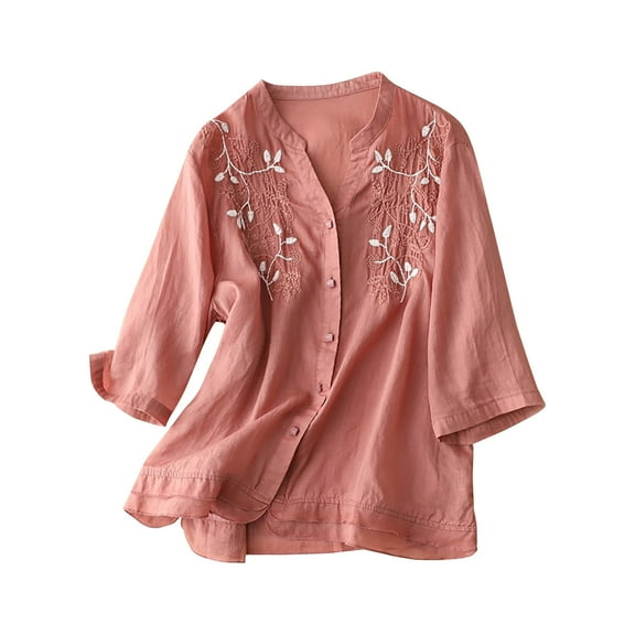 fartey Womens Button Down Cotton Linen Blouses Vintage 3/4 Sleeves Floral Embroidery Shirts Lounge Breathable Split V Neck Blouse Tops for Beach Holiday