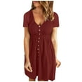 thumbnail image 1 of fartey Womens Button Down Dress Summer 2025 Solid Color Tunic Pleated Mini Dresses Lounge V Neck Short Sleeve Sundresses, 1 of 5
