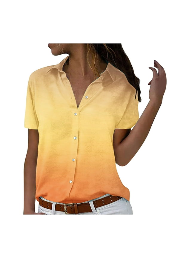 Womens Button Down Shirts Plus Size Short Sleeve Lapel Cardigan Tops Tunic Comfy Gradient Print Trendy Vacation Top, S-6XL