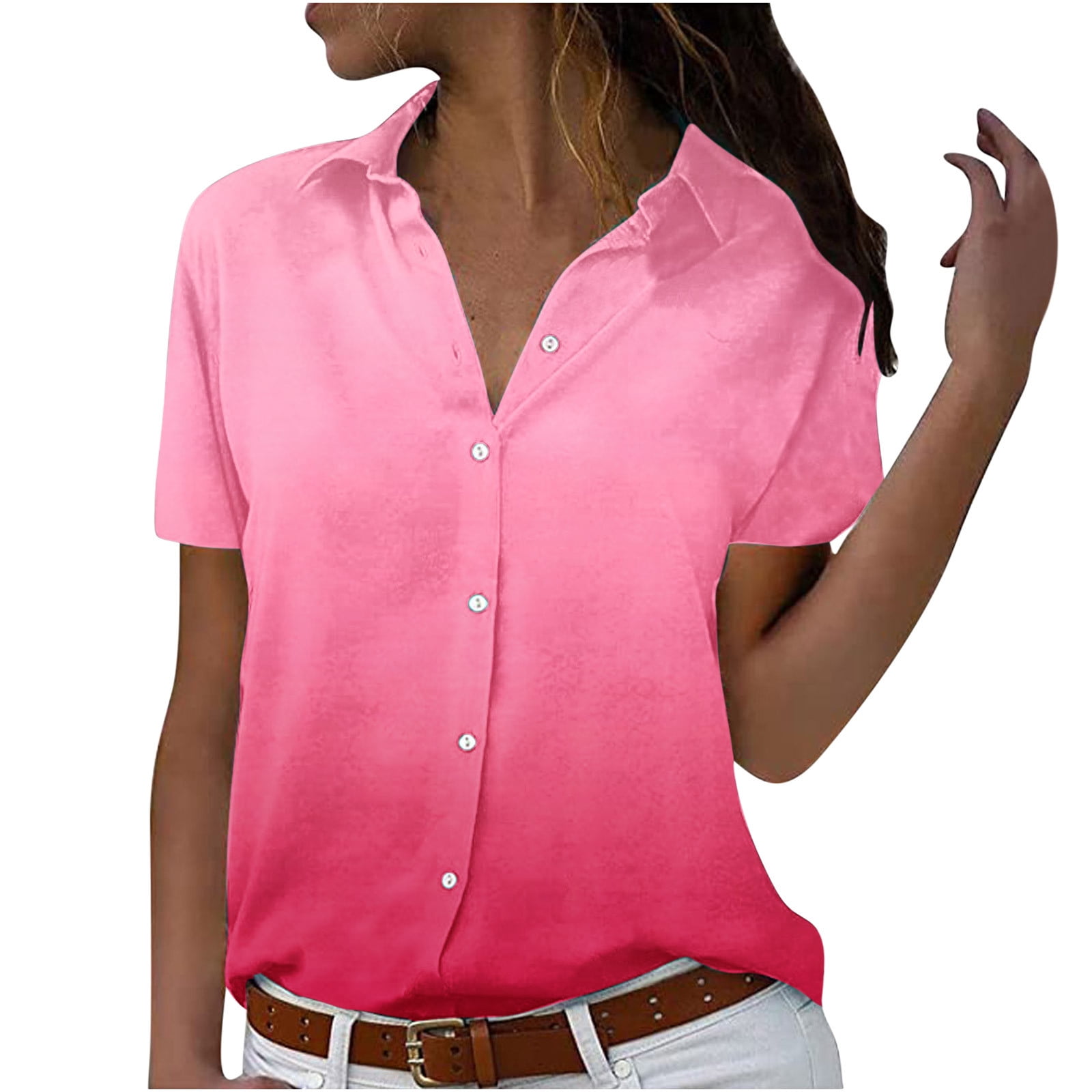 fartey Womens Button Down Shirts Plus Size Short Sleeve Lapel Cardigan ...