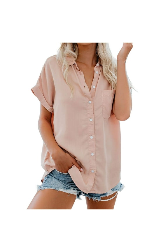 Womens Button Down Shirts Rolled up Short Sleeve Lapel Cardigan Blouses with Pocket Loose Solid Color Summer Tops