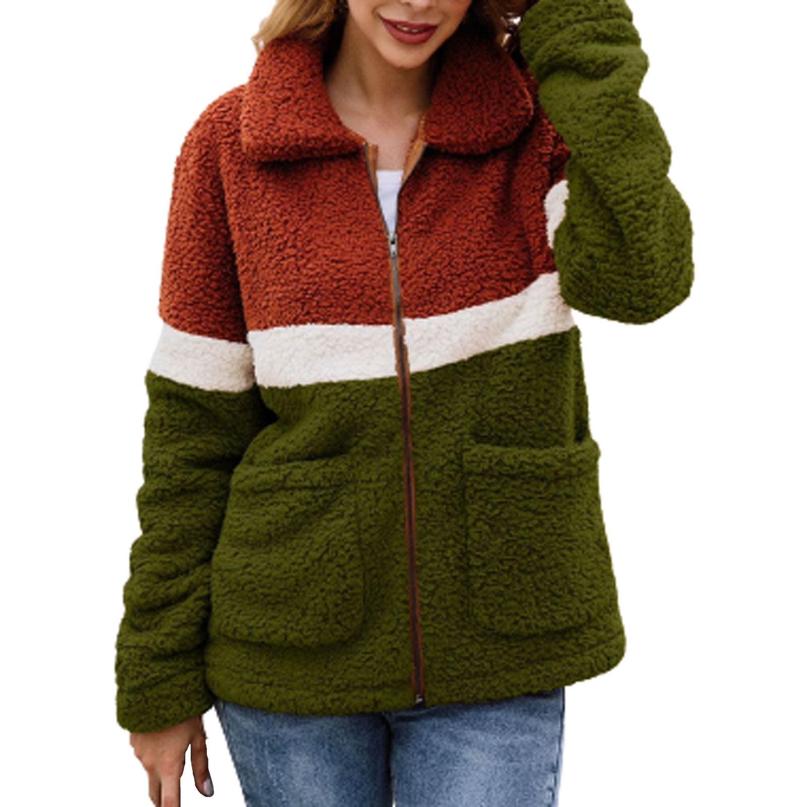 fartey Womens Color Block Faux Fur Coat 2023 Winter Lapel Zip Up