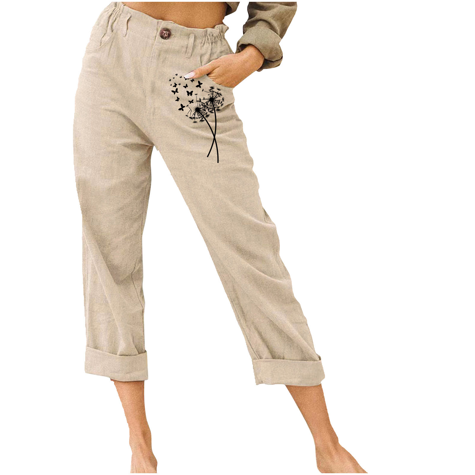 fartey Womens Cotton Linen Capri Pants Casual Dandelion Graphic ...