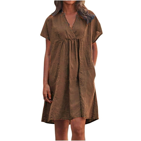 fartey Womens Cotton Linen Dresses Plus Size Pleated Loose Solid Color Mini Dress with Pockets Short Sleeve V Neck Sundress, S-5XL