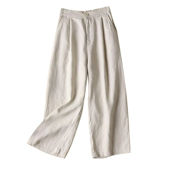fartey Womens Cotton Linen Wide Leg Pants 2024 Summer Zipper Button Solid Color Casual Pants Drawstring Elastic Waist Pockets Relaxed Trousers