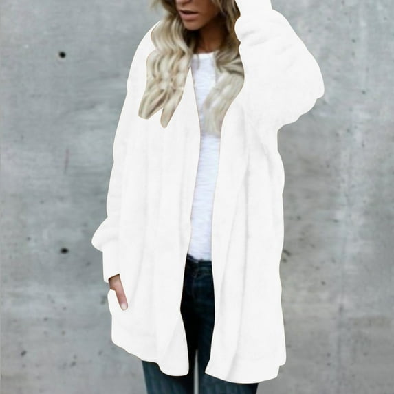 fartey Womens Fuzzy Hooded Cardigan Coat Winter Double Fleece Open Front Jacket Coat Plush Warm Plus Size Outwear