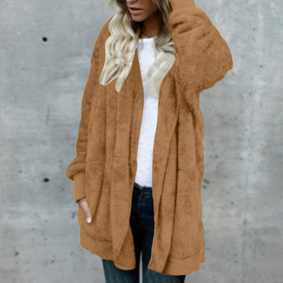 fartey Womens Fuzzy Hooded Cardigan Coat Winter Double Fleece Open Front Jacket Coat Plush Warm Plus Size Outwear