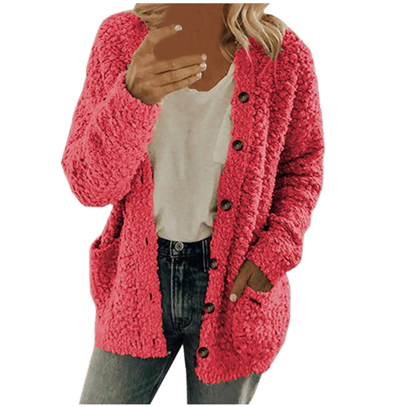 fartey Womens Fuzzy Sherpa Hooded Cardigan Coat Winter Double Fleece