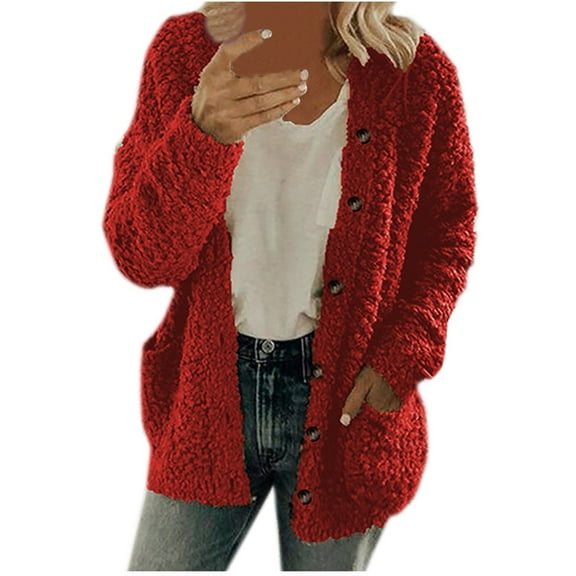 fartey Womens Fuzzy Sherpa Hooded Cardigan Coat Winter Double Fleece Open Front Jacket Coat Plush Warm Plus Size Button Down Outwear, S-5XL