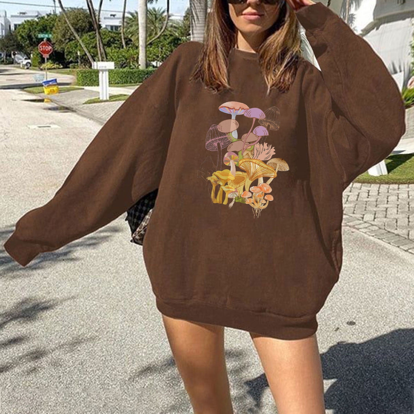 fartey Womens Oversized Sweatshirts Round Neck Mushroom Print Top Long  Sleeve Cute Shirt Loose Pullover Sweatshirt