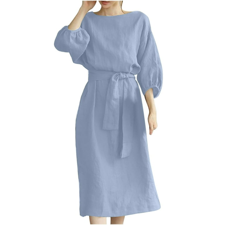 fartey Womens Plus Size Cotton Linen Dress with Waist Tie Solid Color Maxi  Dresses Tunic Fitted 3/4 Puff Sleeves Sundress Breathable Casual Round Neck  ...