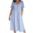 thumbnail image 1 of fartey Womens Plus Size Cotton Linen Dresses Breathable Solid Color Button Down Maxi Dress Lounge Short Sleeves V Neck Sundress Tunic Pleated Beach Dress with Pockets, S-5XL, 1 of 9