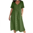 thumbnail image 1 of fartey Womens Plus Size Cotton Linen Dresses Breathable Solid Color Button Down Maxi Dress Lounge Short Sleeves V Neck Sundress Tunic Pleated Beach Dress with Pockets, S-5XL, 1 of 9
