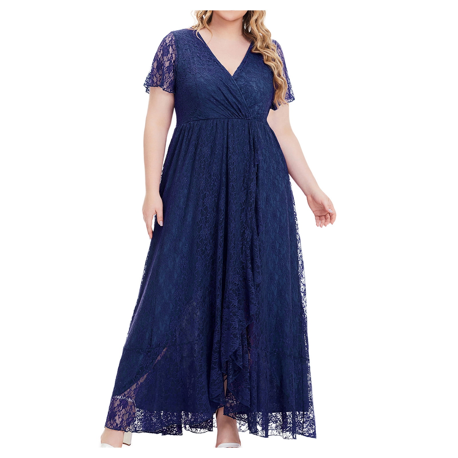 fartey Womens Plus Size Lace Maxi Dresses Tunic Short Sleeves V Neck  Sundress Casual Pleated Flowy Evening Dress Elegant Fashion Prom Party Club  Wedding Guest Sundresses