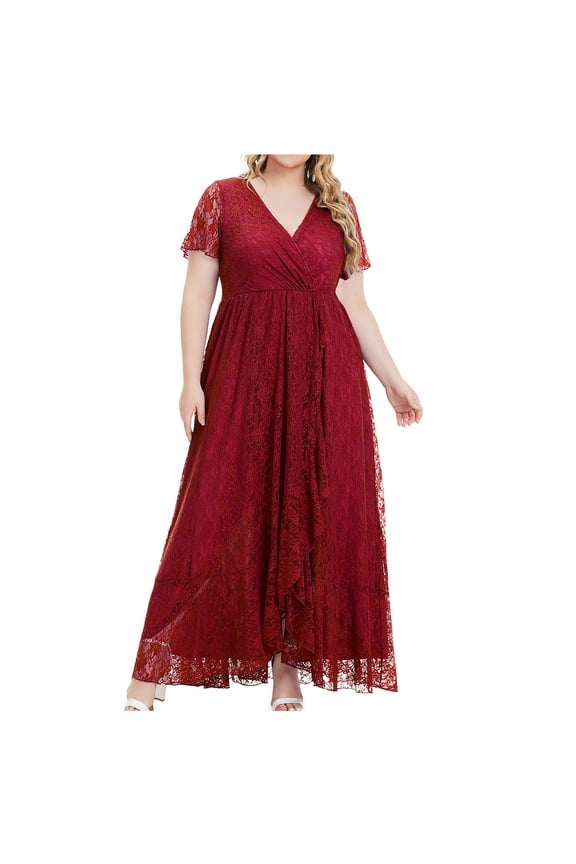 Womens Plus Size Lace Maxi Dresses Tunic Short Sleeves V Neck Sundress Casual Pleated Flowy Evening Dress Elegant Fashion Prom Party Club Wedding Guest Sundresses, XL-5XL