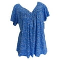 thumbnail image 1 of fartey Womens Plus Size V Neck T-Shirts Tunic Pleated Floral Printing Boho Top Lounge Short Sleeves Blouse Elegant Flowy Pullover Shirt Roomy Fit Summer Tops for Women Sky Blue, S-5XL, 1 of 5