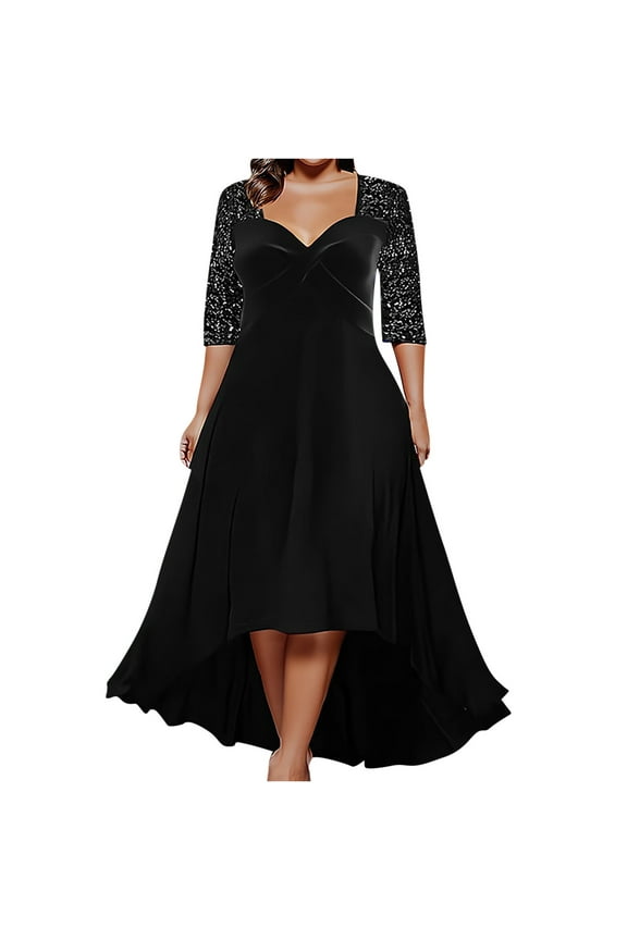 Womens Plus Size Velvet Dresses Tunic Comfy Lace 3/4 Length Sleeves Sundress Elegant Flared Swing Square Neck Dresses High Low Hem Wedding Guest Evening Dress, L-5XL