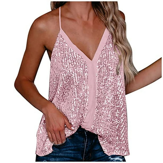fartey Womens Sequin Tank Tops V Neck Adjustable Spaghetti Strap Shirt Tunic Solid Color Sleeveless Racerback Party Club Tee
