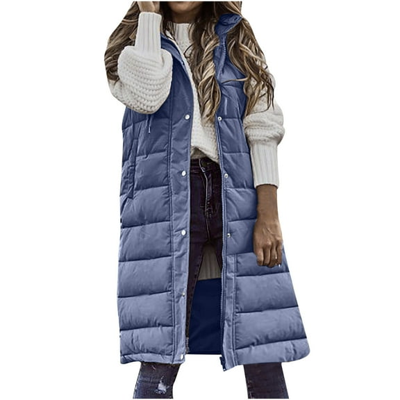 fartey Womens Sleeveless Long Puffer Vest Full Zip Up Hoodie Coats With Snaps Pockets Puffy Slim Outdoor Quilted Vest Thermal Cozy Winter Jackets