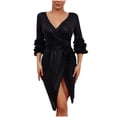 thumbnail image 1 of fartey Womens Sparkle Striped Bodycon Dress Deep V Neck Puff Long Sleeve Dresses Sexy Side Split Hem Party Sundress With Bow Tie Evening Midi Dress, 1 of 9