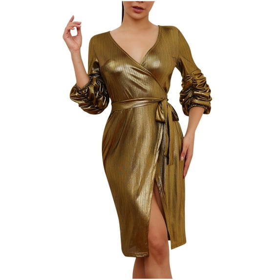 fartey Womens Sparkle Striped Bodycon Dress Deep V Neck Puff Long Sleeve Dresses Sexy Side Split Hem Party Sundress With Bow Tie Evening Midi Dress