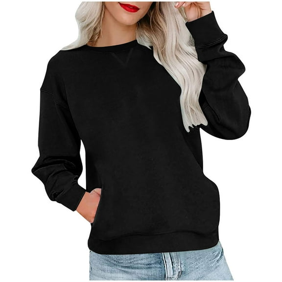 fartey Womens Sweatshirts Round Neck Solid Color Top Trendy Pullover Sweatshirt Long Sleeve Casual Shirt Blouse with Pockets