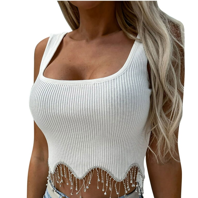 fartey Womens Trendy Tank Tops Sparkly Rhinestone Fringe Knit Crop Top  Casual Sleeveless Square Neck Solid Color Vest Shirts