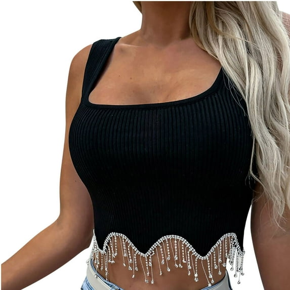 fartey Womens Trendy Tank Tops Sparkly Rhinestone Fringe Knit Crop Top Casual Sleeveless Square Neck Solid Color Vest Shirts