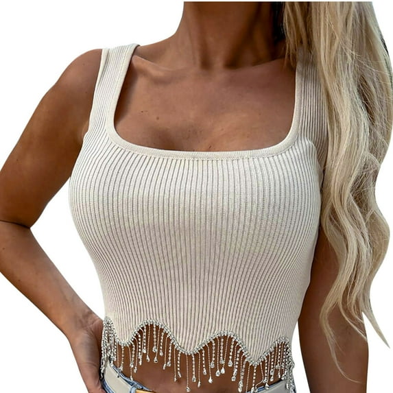 fartey Womens Trendy Tank Tops Sparkly Rhinestone Fringe Knit Crop Top Casual Sleeveless Square Neck Solid Color Vest Shirts