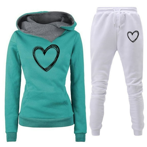 fartey Workout Sets for Women 2 Piece Love Heart Graphic Long Sleeve Hoodies and Pants Fleece Sports Tracksuit Sweatsuit