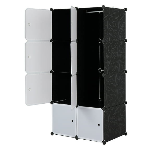 fashion 8 Cube Organizer Stackable Plastic Cube Storage Shelves Design Multifunctional Modular Closet Cabinet with Hanging Rod White Doors and Black Panels