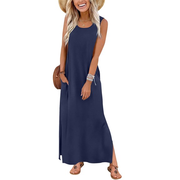 Abomasnow Summer Dresses for Women 2026 Sleeveless Crewneck Sundresses with Pocket Slid Split Beach Vacation Clothes
