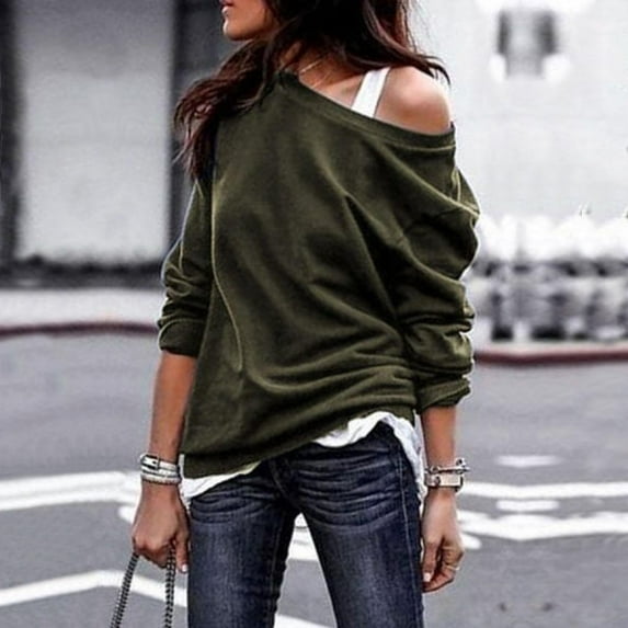 Women Fashion Round Neck Long Sleeve T-shirt Loose Off Shoulder Sweatshirts Tops