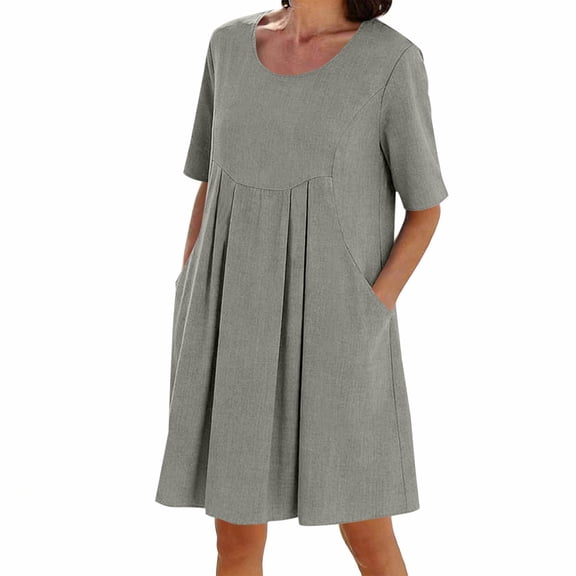 Abomasnow Cotton Linen Dress for Women Crewneck Short Sleeve Flowy Midi Dress Summer Beach Vacation Clothes with Pockets