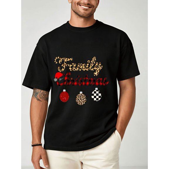 fashionable mens printed black short sleeve t shirt with a creative and fun very freaky christmas theme features a mother leopard print and christmas ornament this