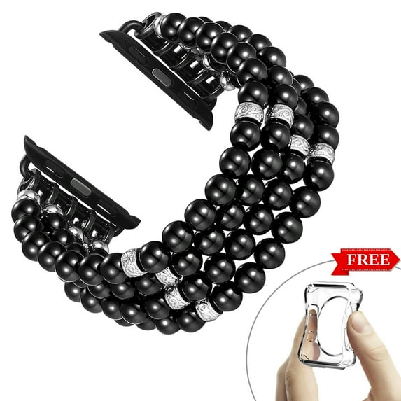 fastgo Compatible with Apple Watch Band 42mm 44mm 45mm Pearl Beaded Elastic Bracelet Women Girl for iWatch 7 6 SE 5 4 3 2 1(Black)