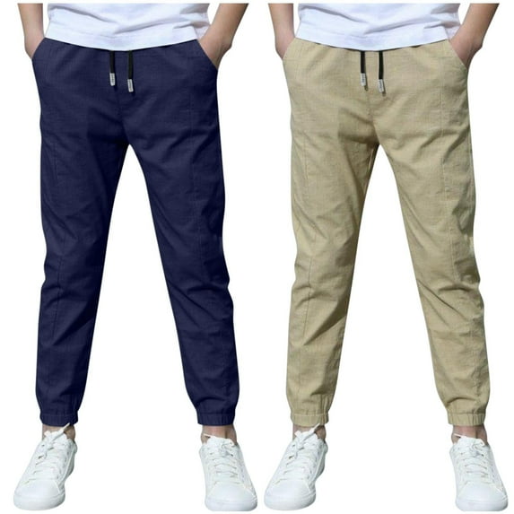 fatyb 2 Pack Boys Casual Pants Drawstring Thin Joggers Lightweight School Uniform Trousers with Pockets