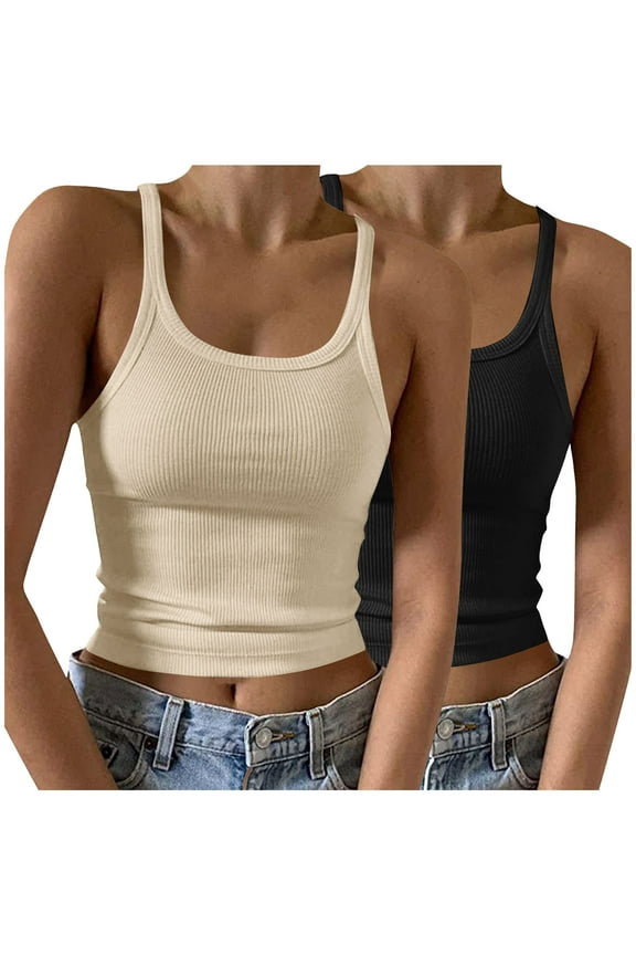 2 Pack Ribbed Tank Tops for Women Scoop Neck Knit Basic Crop Shirts Spaghetti Strap Casual Tees
